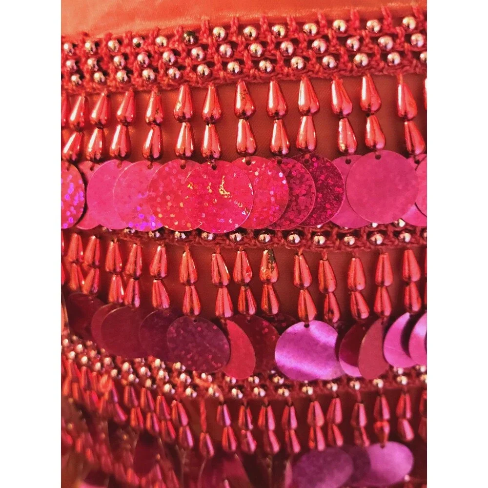 Belly Dance Paillette Hip Scarf Burgundy Magenta Beaded Fringe Preowned Costume